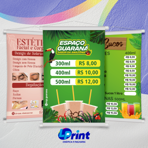 Banners Lona 440g  Impressão digital colorida  Corte reto, bastão de madeira, cordão e ponteira 
